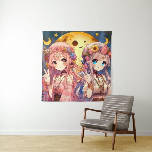 Anime Girl Hippie Moon Girls Giving Peace Sign Tapestry (In Situ)