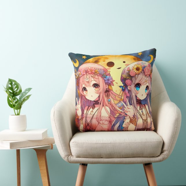 Anime Girl Hippie Moon Girls Giving Peace Sign Throw Pillow (Chair)
