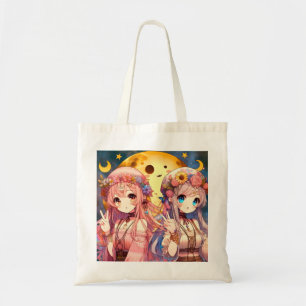 Anime Girl Hippie Moon Girls Giving Peace Sign Tote Bag
