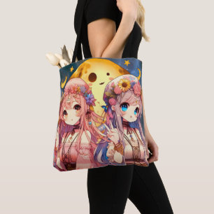 Anime Girl Hippie Moon Girls Giving Peace Sign Tote Bag