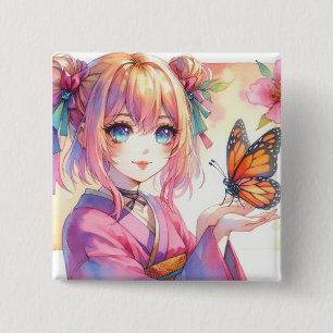 Anime Girl Holding a Butterfly Ai Art Button