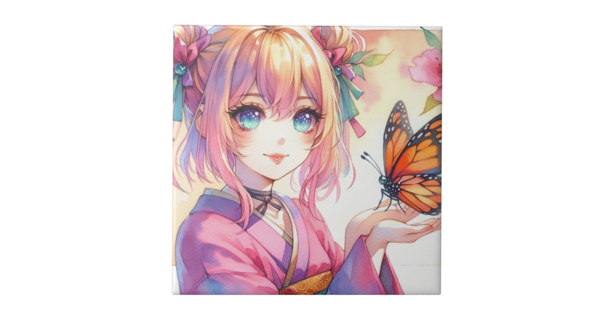Anime Girl Holding a Butterfly Ceramic Tile | Zazzle