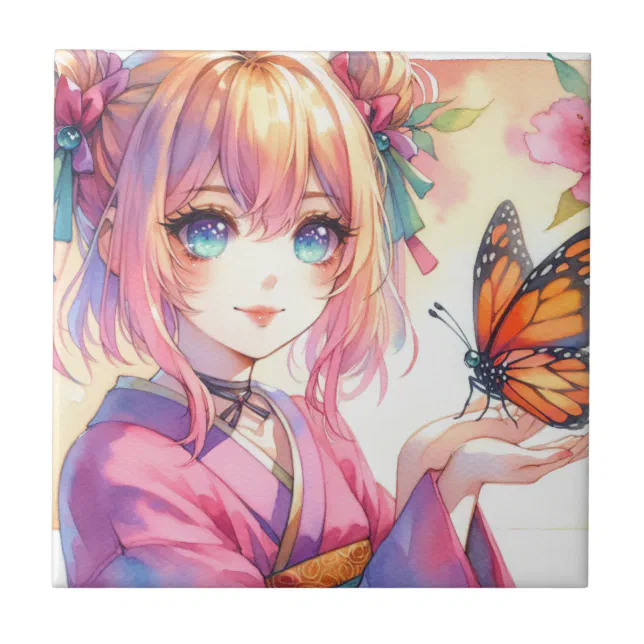 Anime Girl Holding a Butterfly Ceramic Tile | Zazzle