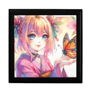 Anime Girl Holding a Butterfly Gift Box
