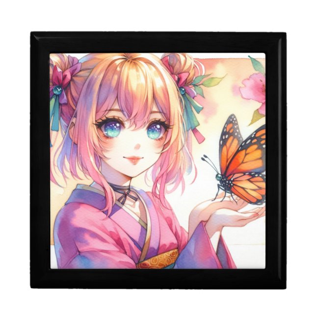 Anime Girl Holding a Butterfly Gift Box (Front)