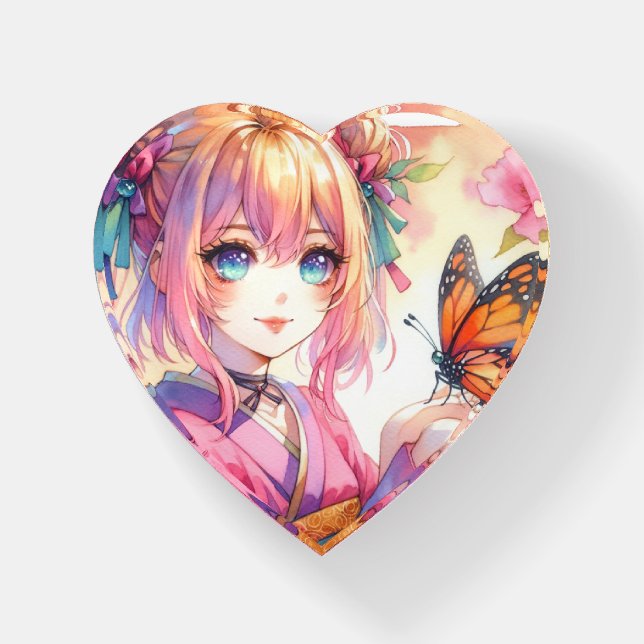 Anime Girl Holding a Butterfly Paperweight (Front)