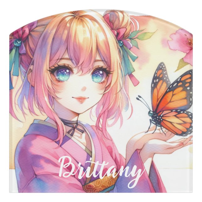 Anime Girl Holding a Butterfly Personalized Door Sign (Contour Front)