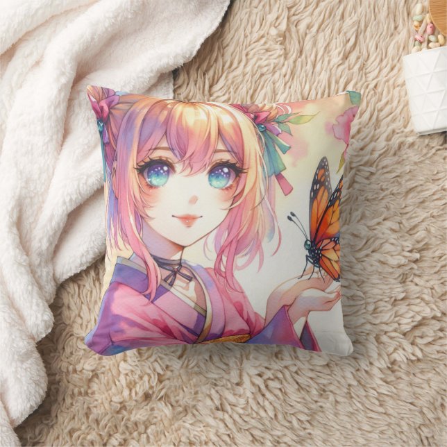 Anime Girl Holding a Butterfly Personalized Throw Pillow (Blanket)