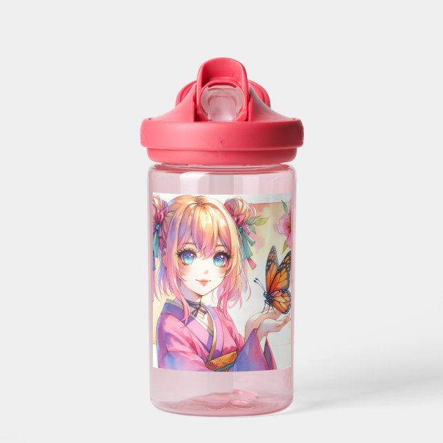 Anime Girl Holding a Butterfly Personalized Water Bottle (Front)