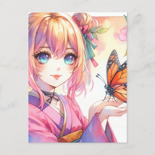 Anime Girl Holding a Butterfly Postcard
