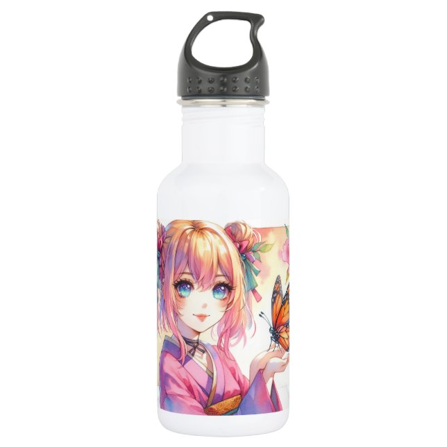 Anime Girl Holding a Butterfly Stainless Steel Water Bottle (Front)