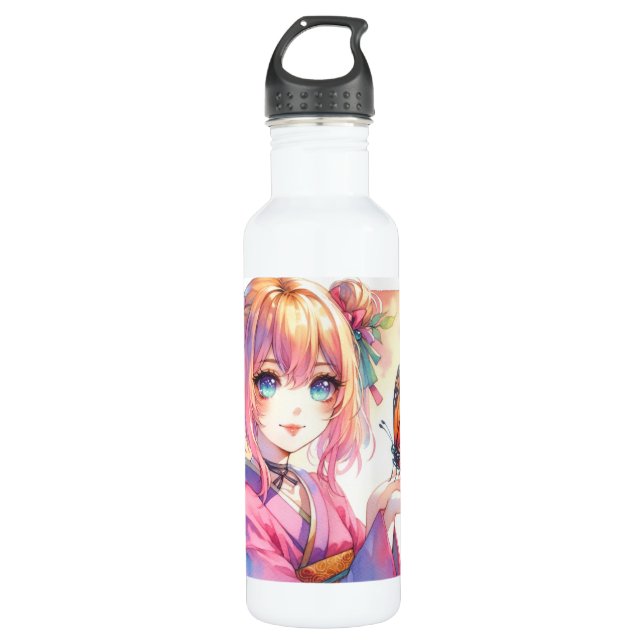 Anime Girl Holding a Butterfly Stainless Steel Water Bottle (Front)