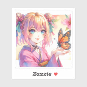 Anime Girl Holding a Butterfly Sticker