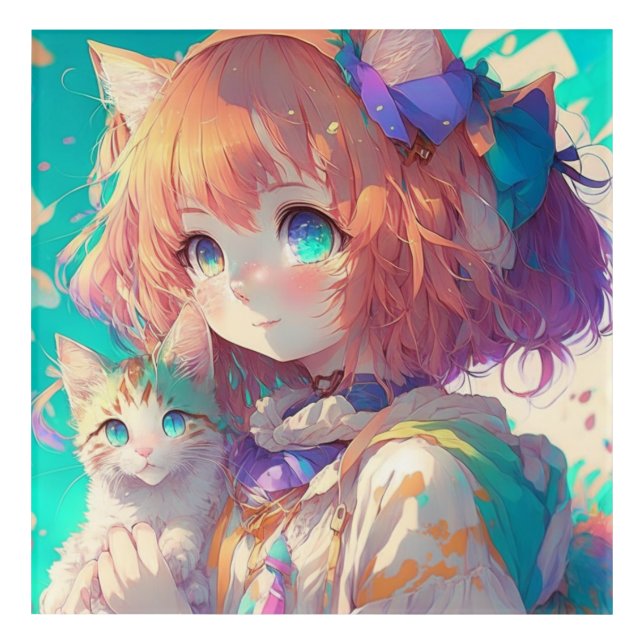 Anime Girl Holding an Adorable Kitten Acrylic Print (Front)