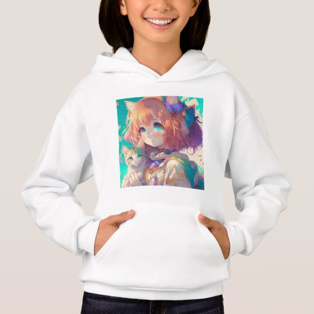 Anime Girl Holding an Adorable Kitten Hoodie (Front)