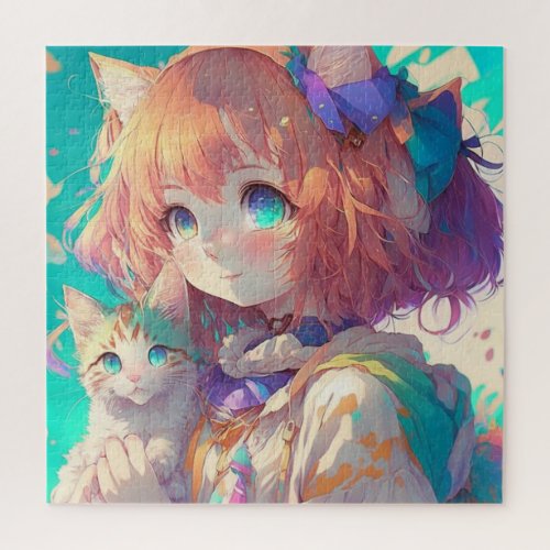 Anime Girl Holding an Adorable Kitten Jigsaw Puzzle