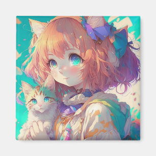Anime Girl Holding an Adorable Kitten Magnet