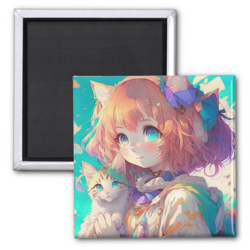 Anime Girl Holding an Adorable Kitten Magnet