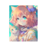 Anime Girl Holding an Adorable Kitten Metal Print