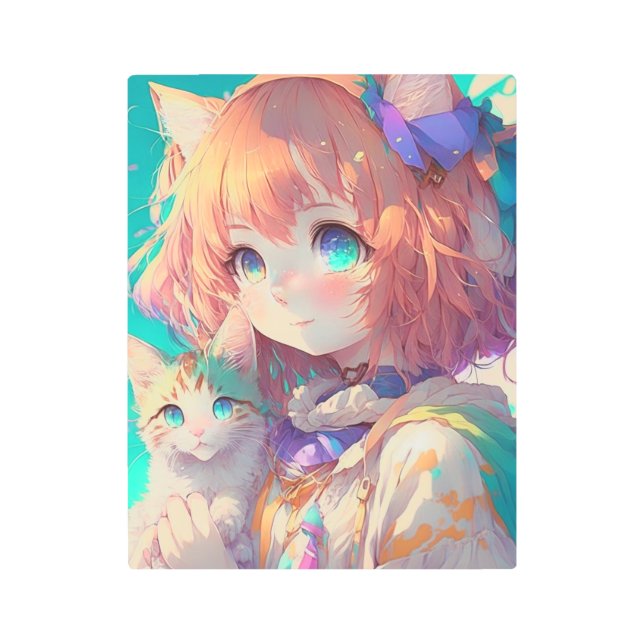 Anime Girl Holding an Adorable Kitten Metal Print (Front)