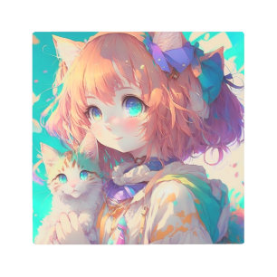 Anime Girl Holding an Adorable Kitten Metal Print
