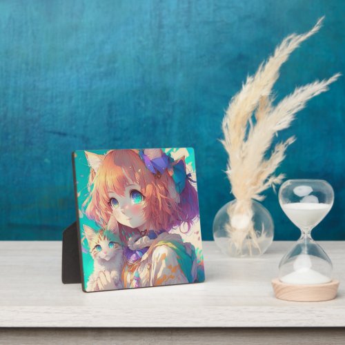 Anime Girl Holding an Adorable Kitten Plaque