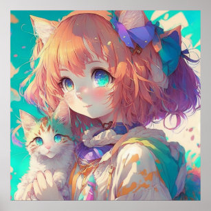 Anime Cyberpunk Girl and Cat - Anime Girls - Posters and Art Prints