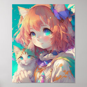 Cute Anime Girl With Her Kawaii Cat Anime Cat Girl Posters