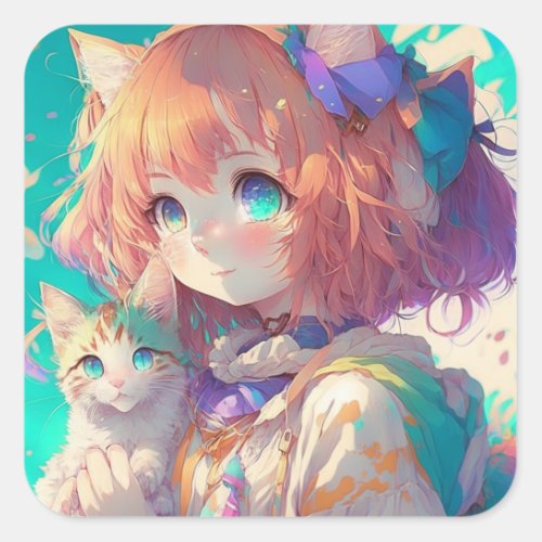 Anime Girl Holding an Adorable Kitten Square Sticker