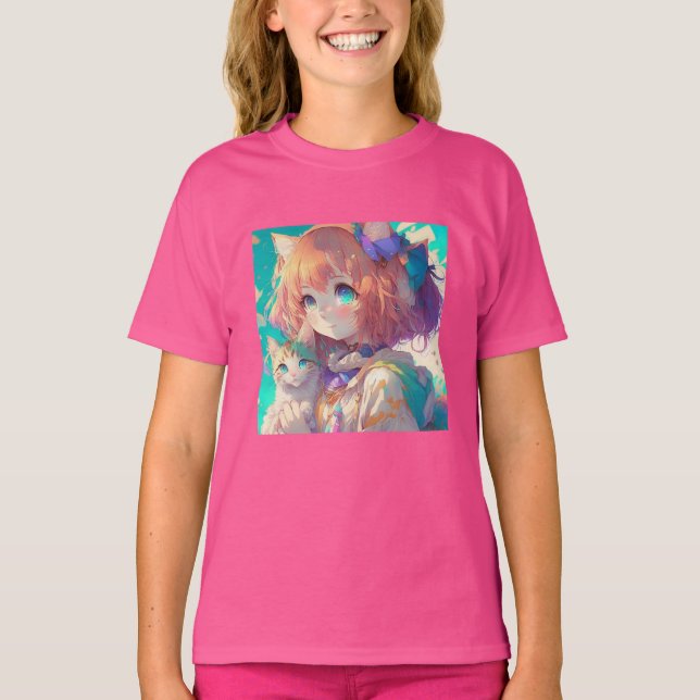 Anime Girl Holding an Adorable Kitten T-Shirt (Front)
