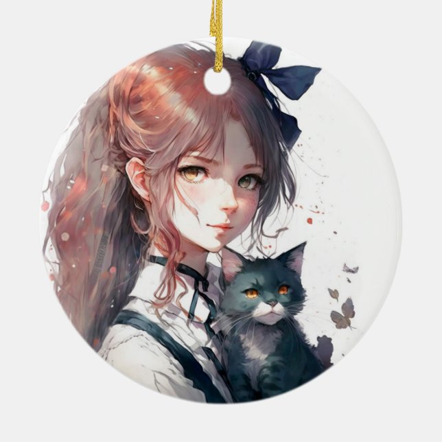 Anime Girl Holding Her Cat Watercolor Portrait Ceramic Ornament (Back)