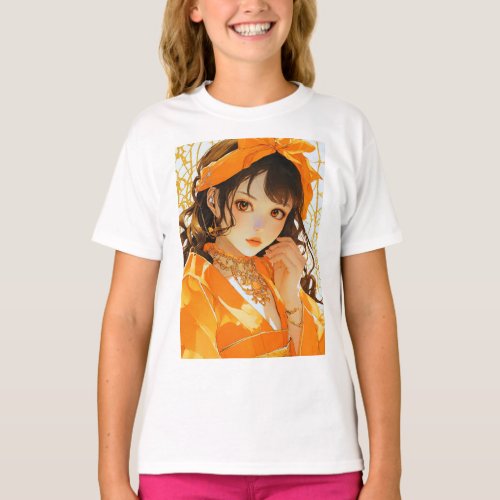 Anime girl in an orange costume with gold jewelry T_Shirt