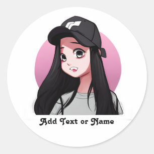 Anime Girl in Black Cap Personalized Classic Round Sticker
