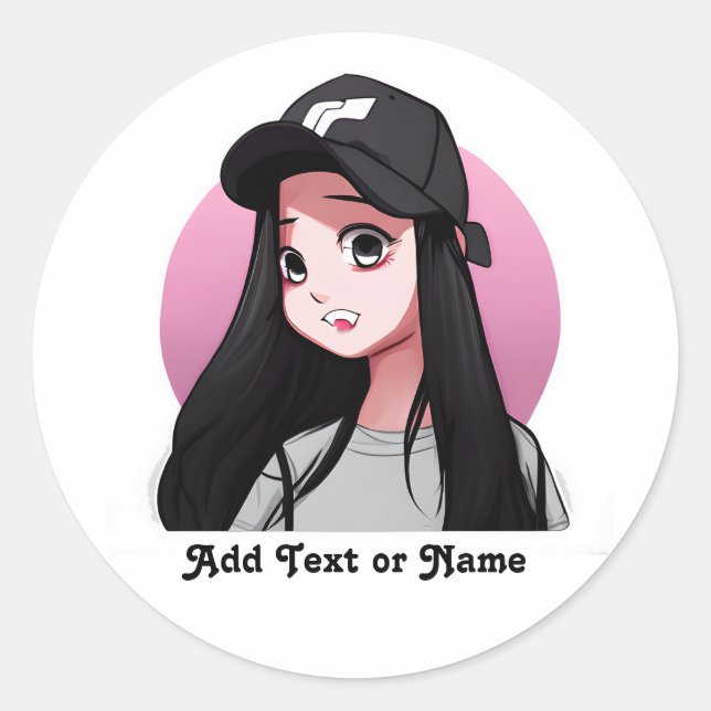 Anime Girl in Black Cap Personalized  Classic Round Sticker (Front)