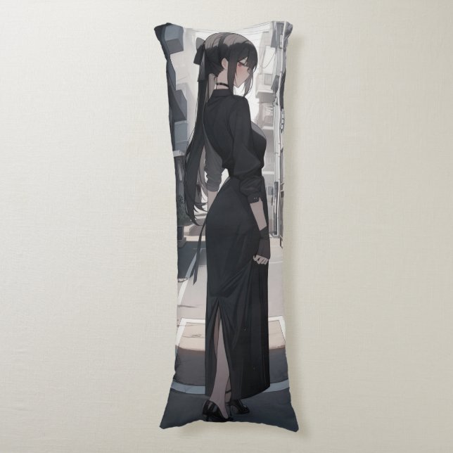 Anime girl in black dress body pillow (Front Vertical)