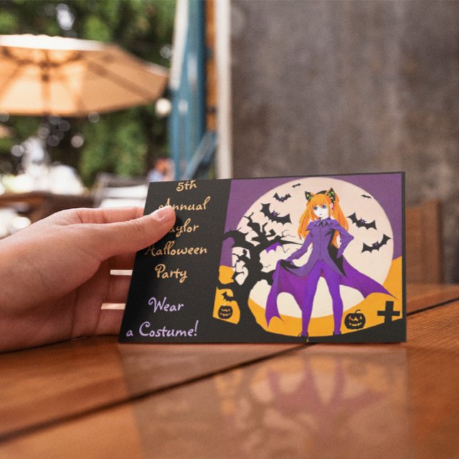 Anime Girl in Cat Costume Halloween Party Invites (Creator Uploaded)