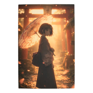 Anime Girl in Kimono at Japanese Metal Print