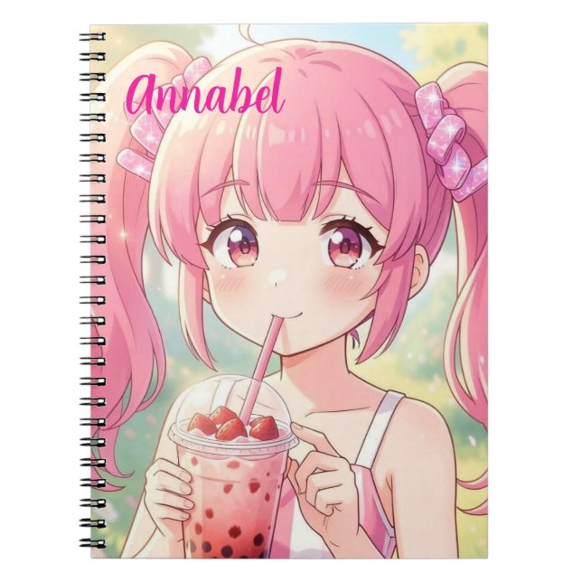 Anime Girl in Pink Drinking Bubble Tea Personalize Notebook (Front)