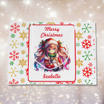 Anime Girl in Santa Hat Watercolor Christmas Large Gift Bag<br><div class="desc">Watercolor anime girl in Santa hat with cute kitten personalized Christmas gift bag. On the back is pretty red,  gold and green snowflakes.</div>