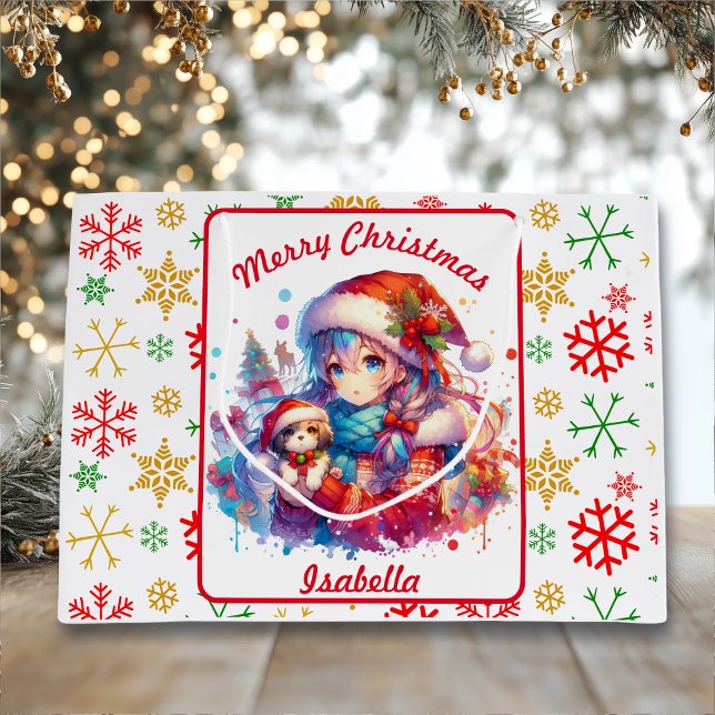 Anime Girl in Santa Hat Watercolor Christmas Large Gift Bag (Creator Uploaded)