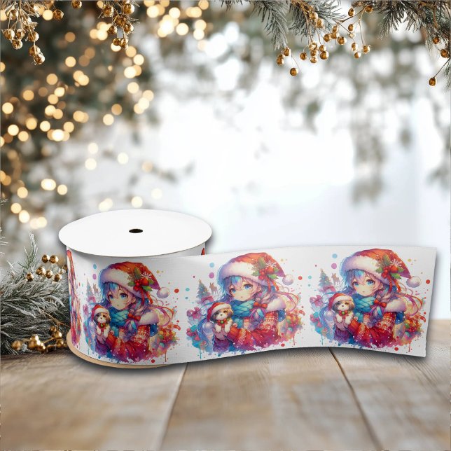 Anime Girl in Santa Hat Watercolor Christmas Satin Ribbon (Creator Uploaded)