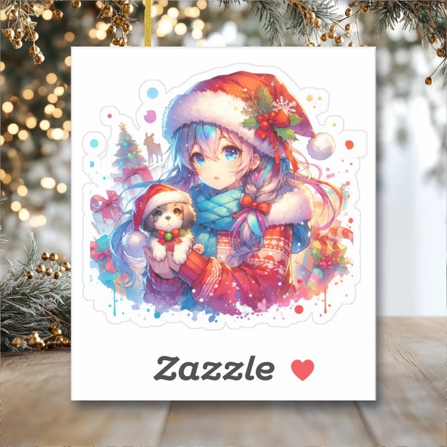 Anime Girl in Santa Hat Watercolor Christmas Sticker (Creator Uploaded)