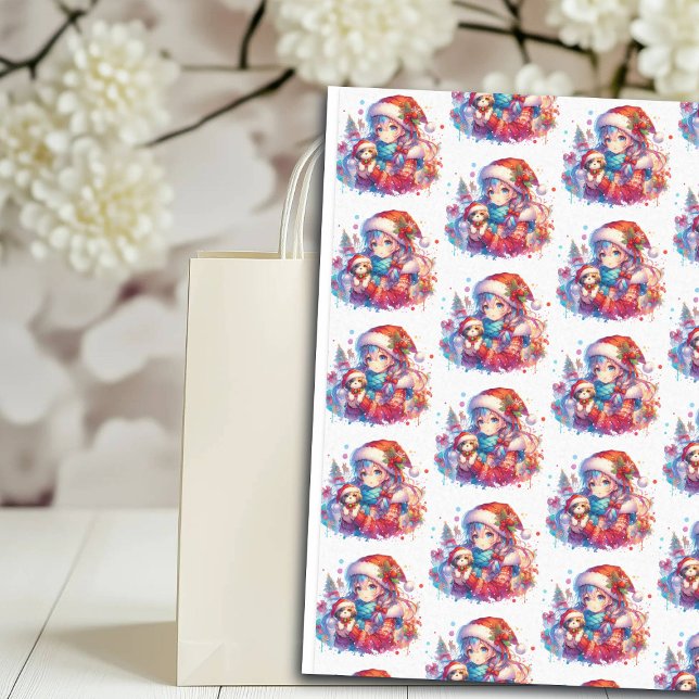 Anime Girl in Santa Hat Watercolor Christmas Tissue Paper (Creator Uploaded)