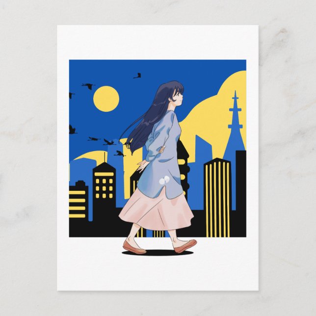 Anime girl in the city of night postcard (Front)