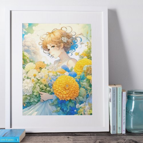 Anime Girl in Yellow and Blue Flowers Poster