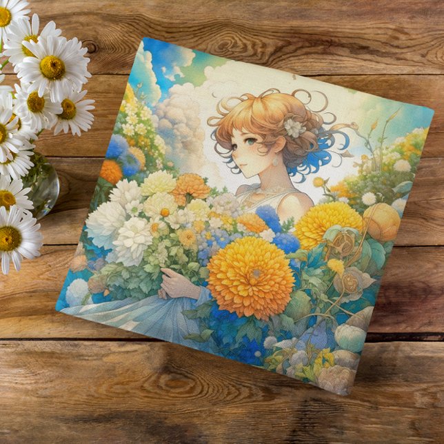 Anime Girl in Yellow and Blue Flowers Throw Pillow (Creator Uploaded)