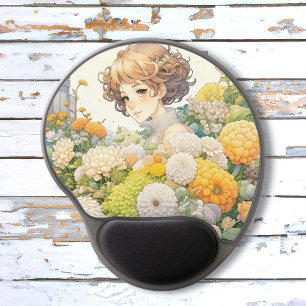 Anime Girl in Yellow Flowers Gel Mouse Pad