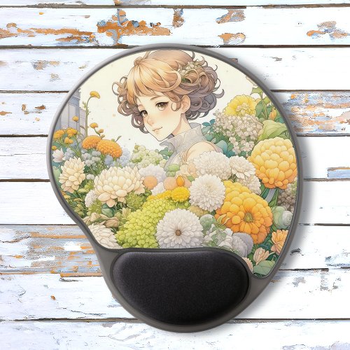 Anime Girl in Yellow Flowers  Gel Mouse Pad