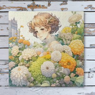 Anime Girl in Yellow Flowers Jigsaw Puzzle