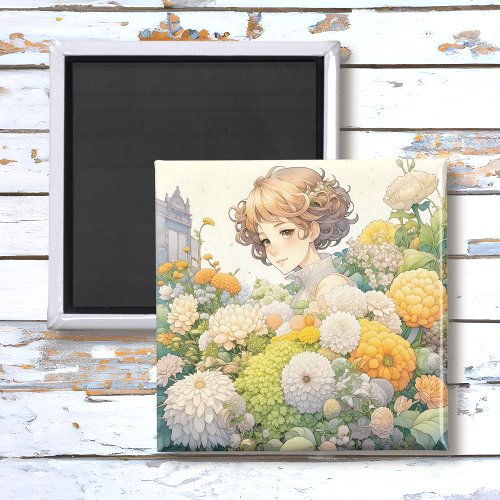 Anime Girl in Yellow Flowers Magnet
